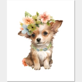 Watercolor Chihuahua Dog with Head Wreath Posters and Art